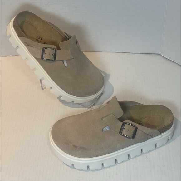 Birkenstock Papillio Boston Chunky Clogs Warm Sand Women's Sz 37 Suede Slip Ons - Picture 2 of 7